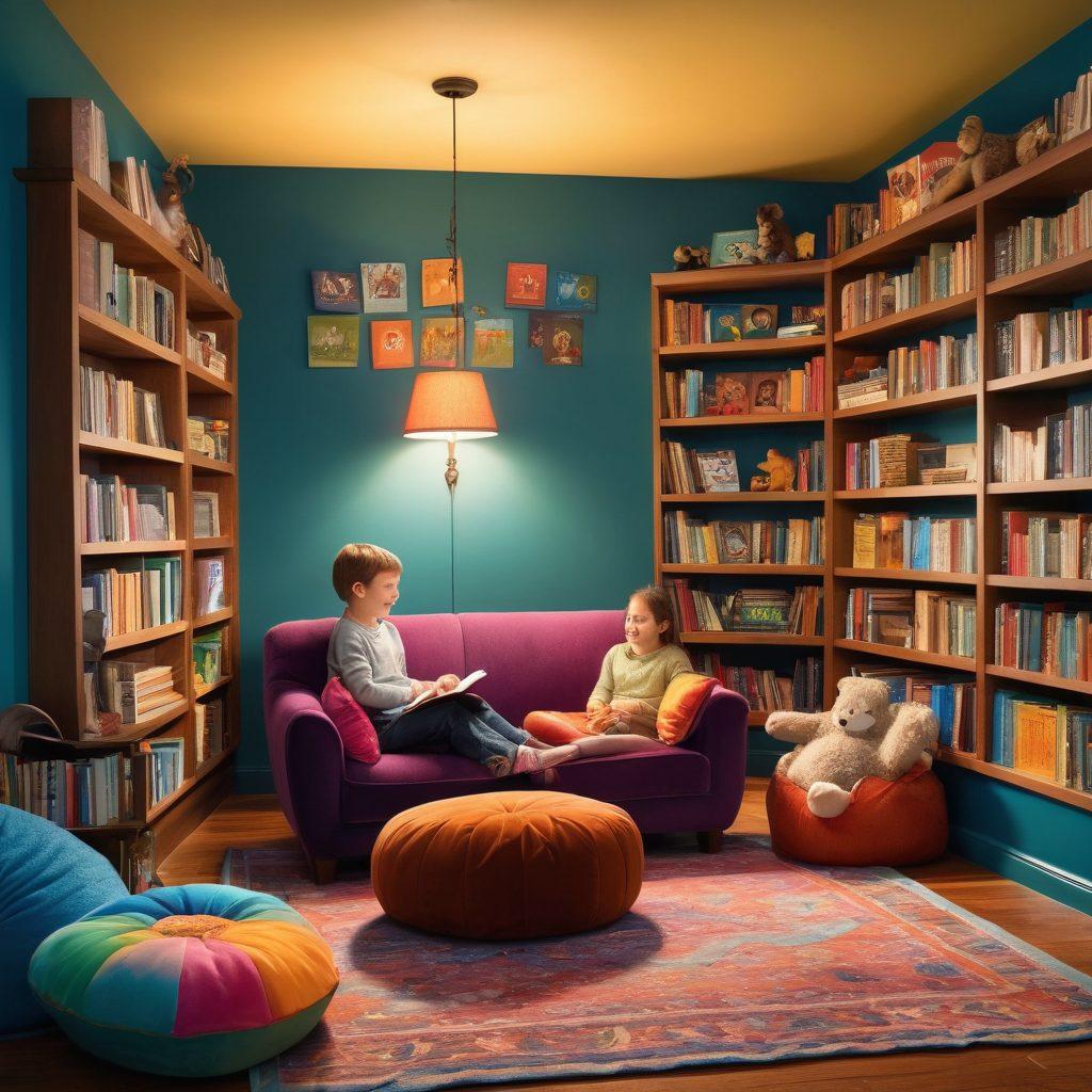 A cozy reading nook with children engrossed in books, surrounded by colorful book covers featuring various authors. Include a whimsical bookshelf in the background with animated characters from famous stories peeking out. The atmosphere should evoke curiosity and joy, with warm lighting and cozy blankets. Illustrate a playful interaction between a child and a friendly author character, symbolizing connection through stories. vibrant colors. cozy atmosphere. illustrated.