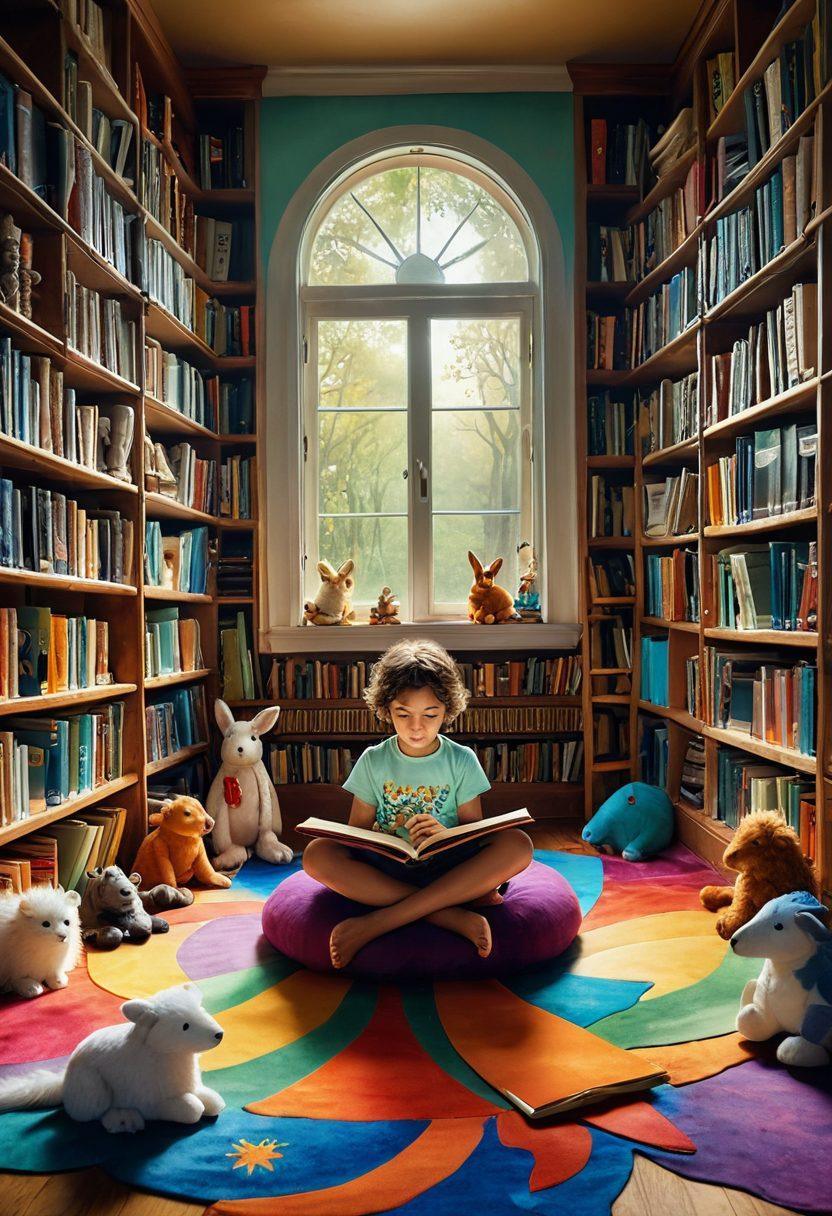 A whimsical library filled with colorful children's books, with vibrant illustrations coming to life, swirling around in the air. A young child sits cross-legged on a cozy rug, wide-eyed with wonder, as magical creatures and stories unfold from the pages. The atmosphere is filled with bright colors and a sense of adventure, inviting imagination. surrealistic. vibrant colors. dreamy background.